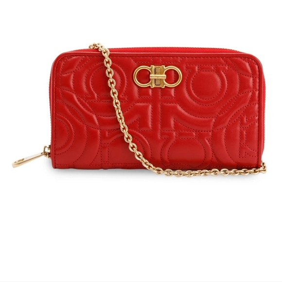 Salvatore Ferragamo WOC Scarlet Red Wallet on Chain Authentic Bag Crossb… - Picture 1 of 15